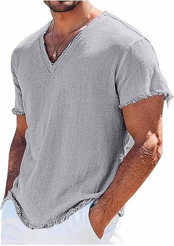 Men's Casual Tops Short Sleeve Gauze Shirts Solid Plain V Neck Frayed Hem Tee Summer Beach Hippie Shirt