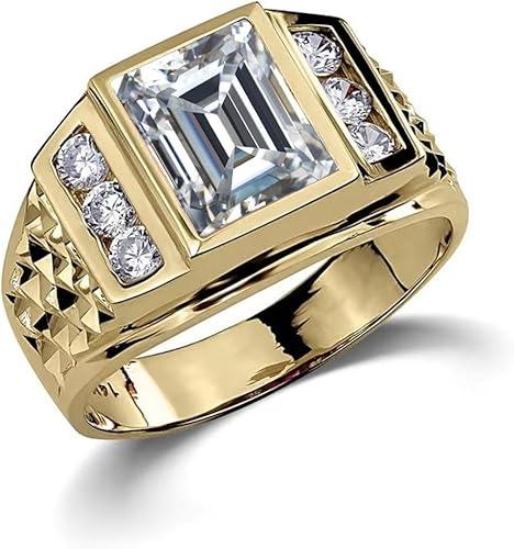 Solid 10K 14K 18K Gold Men's Emerald Gemstone Ring 3 Carat Emerald Cut Gemstone Engagement Ring for Men with Lab Diamonds Size 4-16