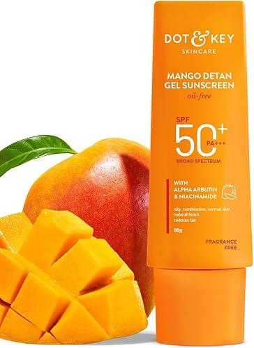 Dot&Keey's Mango Detan Gel Sunscreen SPF 50+ PA+++, Oil-Free, with Alpha-Arbutin, Niacinamide, Water Resistant, for All Skin Types, 80g
