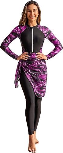 IDOPIP Muslim Burkini Swimsuit for Women One Piece Swimsuit Tummy Control Print Long Sleeve Rash Guard Modest Bathing Suit