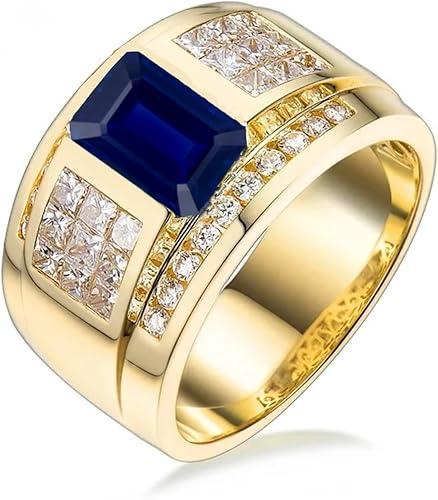Solid Gold 10K 14K 18K Men's Gemstone Ring 2CT Emerald Cut Lab Created Gemstone Engagement Promise Rings with Moissanite Anniversary Jewelry Gifts for Him