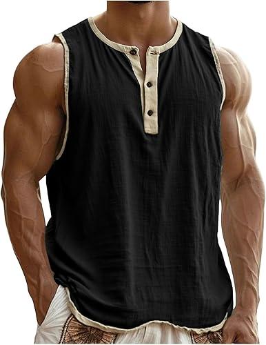 Henley Tank Tops Men Cotton Linen Sleeveless T-Shirts Summer Workout Gym Undershirts Sports Basic Tees Color Block Shirts