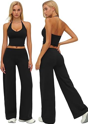 ABOCIW Womens Workout Sets 2 Piece Spaghetti Straps Crop Top Straight Leg Yoga Pants Yoga Pilates Outfits