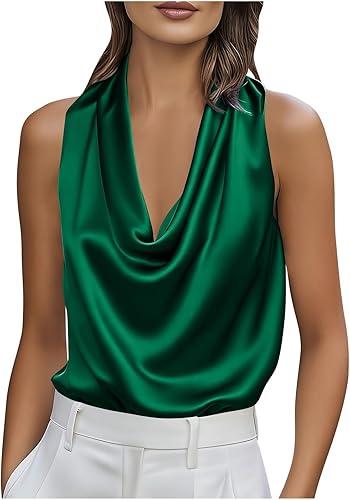 Oplxuo Womens Silk Satin Tank Tops Trendy Cowl Neck Shirts Sleeveless Teacher Clothes Office Business Dressy Casual Blouse