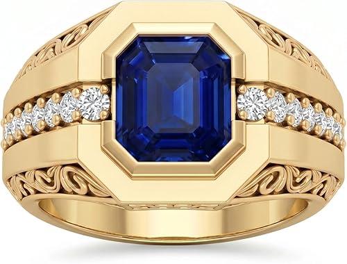 10K 14K 18K Gold Lab Diamond-Accented Vintage Men's Gemstone Engagement Ring 8MM Asscher Cut Gemstone Wedding Anniversary Ring for Men Size 3-16