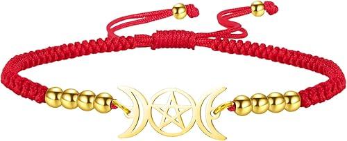 EUEAVAN Triple Moon Goddess Bracelet Magic Pentagram Handcrafted Lucky Red String Bracelet Hecate Wicca Amulet Pagan Jewelry Witchcraft Gift for Women