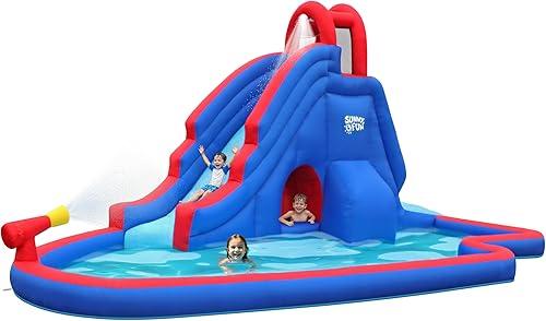 Sunny & Fun Deluxe Inflatable Water Slide Park & Splash Pool with Tunnel - Heavy-Duty for Outdoor Fun - Climbing Wall - Easy to Set Up & Inflate with Included Air Pump & Carrying Case