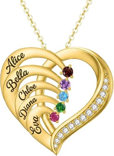 10K/14K/18K Gold Personalized Mom Necklace with 1-4 Birthstones Custom Name Heart Necklace Engraved Names for Mom Wife