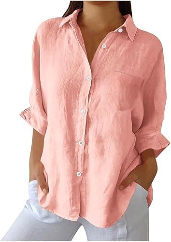 Women Button Down Shirts Cotton Linen Blouse Tops Long Sleeve Gauze Collar Shirt Tunic Loose Fit