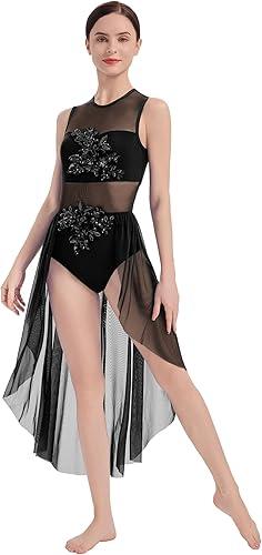 AFAVOM Sequin Flower Lyrical Dance Dress for Women Modern Contemporary Dance Costume Mesh Flowy Tulle Skirt for Performance