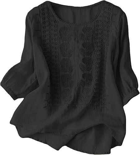 Womens Cotton Linen Embroidered 3/4 Sleeve Summer Crew Neck Tunic Bohemian Tops Boho Clothes for Women