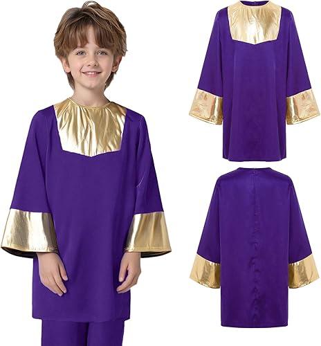 YiZYiF Boys' Baptism Church Tunic Shirt Color Block Choir Robe Worship Costume Long Sleeve Graduation Gown