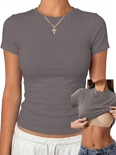 Danysu Nude Built in Bra Cotton Jersey T Shirt No See Through Stretchy Lightweight Fitted Everyday Basic Tops Gym Workout Tee