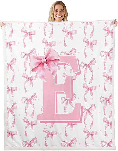 Erosebridal Cute Pink Bow Blankets for Girls Kids,Initial Letter E Blanket Throw,Pink Coquette Bow Knot Fleece Blanket 50"x60",Personalized Monogram Bows Sherpa Fuzzy Throw Bedroom Room Decor