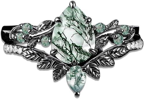 Natural Moss Agate Engagement Ring for Women Pear/Hexagon/Kite/Princess Cut Gemstone Genuine Moss Agate Wedding Ring Set Bridal Ring Set 925 Sterling Silver 10K 14K 18K Gold Moss Rings for Women Size 4-12