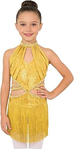 Agoky Kids Girls Ballroom Tango Latin Dance Dress Sequin Rhinestones Fringe Bodysuit Tassel Skirted Leotard Dress