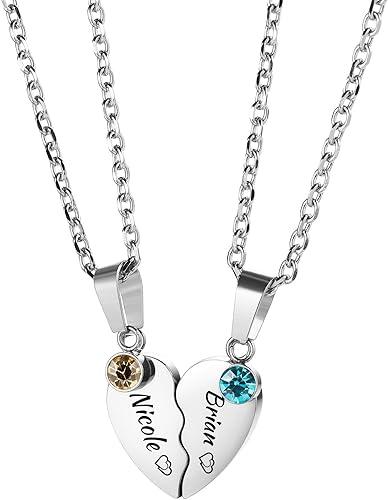 MMXX Personalized 2 Pcs Matching Couples Necklace Stainless Steel Heart Pendant Engraving Name Date Double Heart Friendship Necklace for Girlfriend Boyfriend BFF