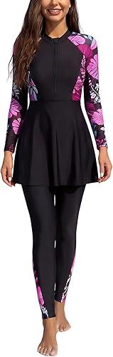 OBEEII Women Burkini Muslim Swimsuit Long Sleeve Tropical Print Rash Guard Bathing Suit Full Cover Modest Beachwear Wetsuit