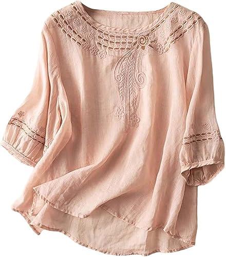 Embroidered Cotton Linen Tops for Women 3/4 Sleeve Summer Boho Peasant Gauze Blouses Dressy Casual Bohemian Shirts