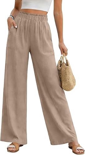 Linen Pants Women Womens Summer Wide Leg High Waisted Drawstring Casual Trousers with Pockets