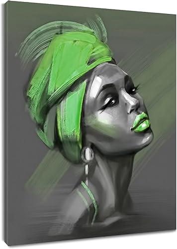 LB Black Girl African American Wall Art - Abstract Green Hair African Black Woman Canvas Wall Art - Black Women Framed Wall Decor for Living Room Bathroom Bedroom - Ready to Hang 8x10 Inch