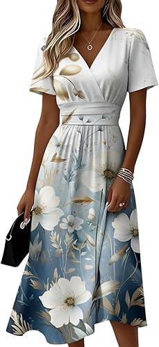 Womens Summer Spring Short Sleeve Midi Dress Plus Size Flowy Casual Vneck Ruched Elegant Formal Floral A Line Dress