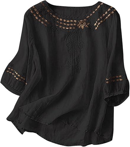 Embroidered Cotton Linen Tops for Women 3/4 Sleeve Summer Boho Peasant Gauze Blouses Dressy Casual Bohemian Shirts