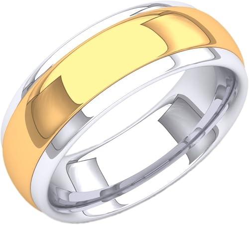 Dazzlingrock Collection White & Two Tone Men's 8mm Flat Shiny Polished Comfort Fit Low Dome Wedding Band, 14K Yellow Real Solid Gold