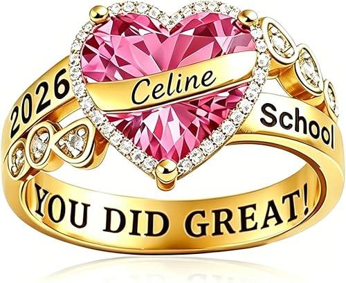 Silver/10K 14K 18K Gold Custom Class Rings for Women High School Graduation Ring with Birthstone Personalized University College Rings for Her-Heart Center 2