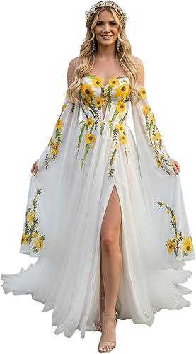LIPOSA Boho Chiffon Wedding Dress for Bride Sunflower Embroidered Off Shoulder A-Line Bridal Gown with Long Cape Sleeves