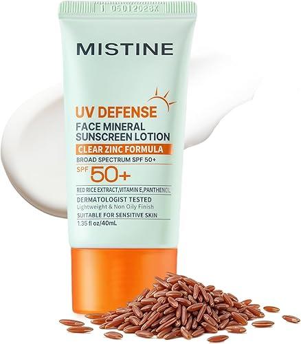 MISTINE Mineral Sunscreen Lotion for Face SPF 50+, Zinc Oxide Lightweight Non Oily Finish Korean Sunscreen for Sensitive Skin, Fragrance Free, Pregnancy Safe, 1.35 Fl Oz/40mL