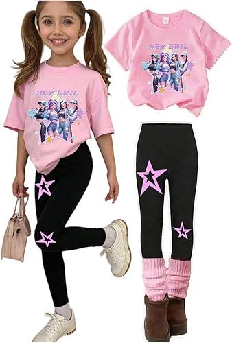 K Pop Outfits Set for Girls Short Sleeve T-Shirt and Long Pants for Ages 2-12 Clothes