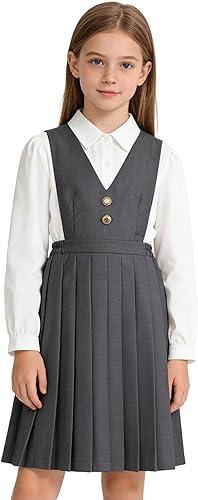 Girls' V-Neck Pleated Jumper School Uniform Dresses Girls Preppy Jumper Sleeveless A-Line Dress