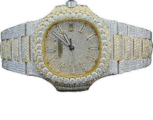 Luxury Moissanite Diamond Iced Out Watch – Fully Paved Diamond Simulated Bezel Rose Gold & Silver FinishvBaguette Hour MarkersbDate Display Men's Hip Hop Bling Wrist watch Statement Timepiece Watch (Yellow & White)