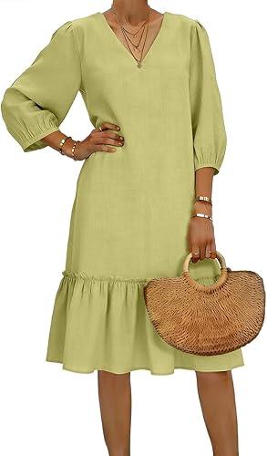 Oplxuo 3/4 Sleeves Cotton Dress for Women 2026 Trendy V Neck Ruffle Pleated Knee Length Dresses Gauze Beach Vacation Clothes