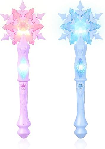 TOYANDONA 2pcs Light Up Snowflake Wands - Light Up Glow Princess Wands with Sound for Kids Girls Princess Birthday Party Cosplay Costume Accessories