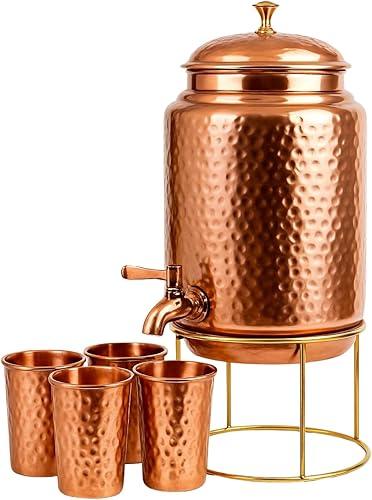 Pure Copper Hammered Water Dispenser Storage Water Tank with Tap and set of 4 Copper Glass | Water Pot | Cooper Water Storage Tank | 6.5 Ltr Capacity | 218 Oz