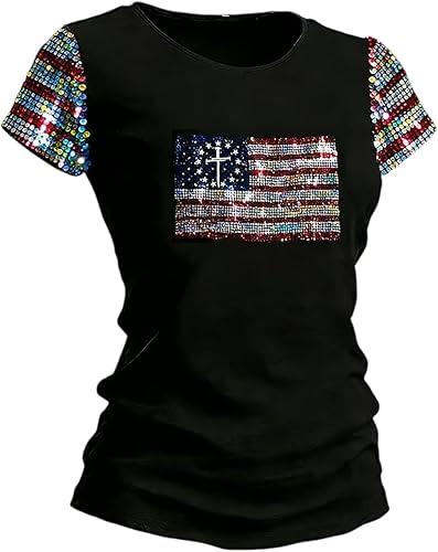 Women's Trendy 250Th Anniversary USA Tops Crew Neck Shirts Short Sleeve Blouse 4Th of July Patriots Flag Tunic
