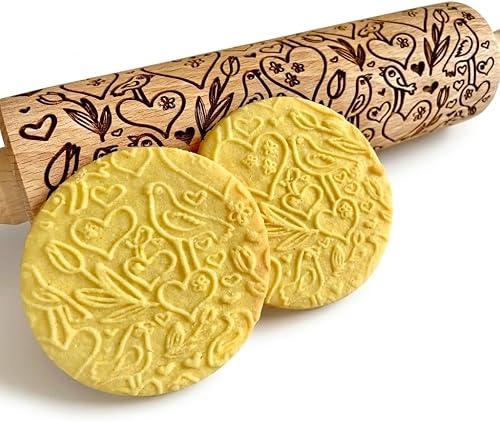 Embossing Rolling Pin LOVE BIRDS – Laser Engraved Dough Roller with hearts and birds pattern. Great for cookies, clay crafts, and a charming gift. By Algis Crafts.