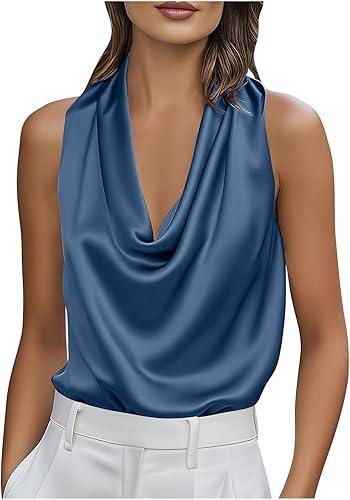 Oplxuo Womens Silk Satin Tank Tops Trendy Cowl Neck Shirts Sleeveless Teacher Clothes Office Business Dressy Casual Blouse
