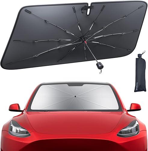 Tesla Model 3/Y Windshield Sunshade - 2026 Foldable Car Windshield Sun Shade Umbrella, 5-Layer UV Block, 10-Rib Frame, for Tesla Model 3/Y (2017-2026) Interior Sun Protection, Tesla Accessories