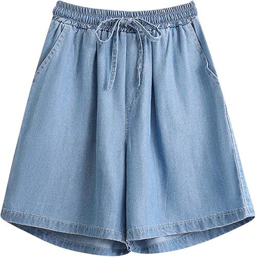FZYLQY Bermuda Jean Shorts for Women High Waisted Lightweight Comfy Denim Shorts Casual Drawstring Elastic Waist Jean Shorts