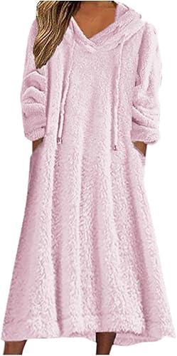 Fleece Hooded Dress for Women Plush Fuzzy Sherpa Sweatshirt Robe Fluffy Granular Oversized Nightgown with Pocket