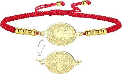 EUEAVAN St Benedict Medal Bracelet Handmade Lucky Red Rope Double Sided San Benito Bracelet Cross Patron Saint Amulet Christian Catholic Jewelry Religious GIft for Women Men