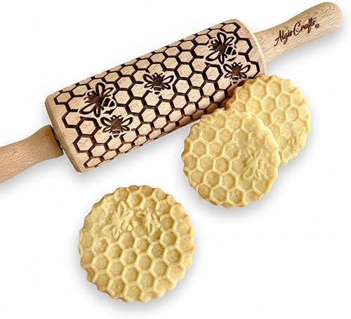Kid Size Embossing Rolling Pin BEES. Wooden Laser Cut Mini Rolling Pin for Cookies, Play Dough, Salt Dough. Gift for Kid Boy, Girl Birthday by Algis Crafts