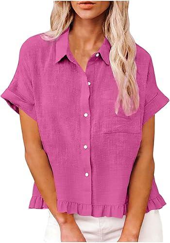 Womens Summer Linen Shirts Casual Button Down Short Sleeve Cotton Top Ruffled Hem Crop Blouse with Cheat Pocket
