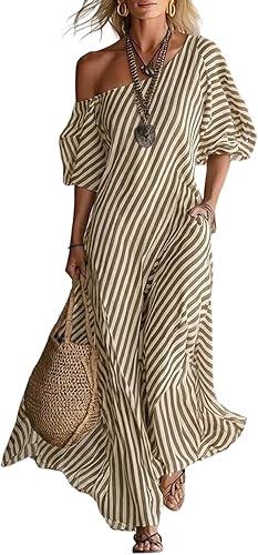 Women's 2026 Summer Flutter Short Sleeve One Shoulder Loose Boho Vacation Flowy Midi Dress, S-2XL