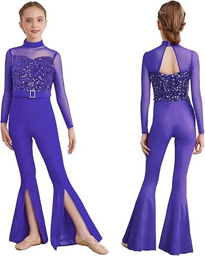 Kids Girls Full Body Unitard Disco Party Bell-Bottom Shiny Sequins Jumpsuits Ballet Jazz Dance Outfit