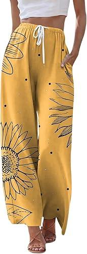 Linen Pants for Women Vintage Floral Palazzo Crop Pants Wide Leg Lounge Baggy Drawstring Waist Trousers