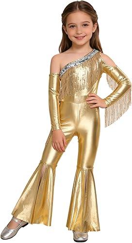 YiZYiF Kids Girls Metallic Flared Pants Jumpsuit One Shoulder Hippie Dance Outfits Stage Performance Costume